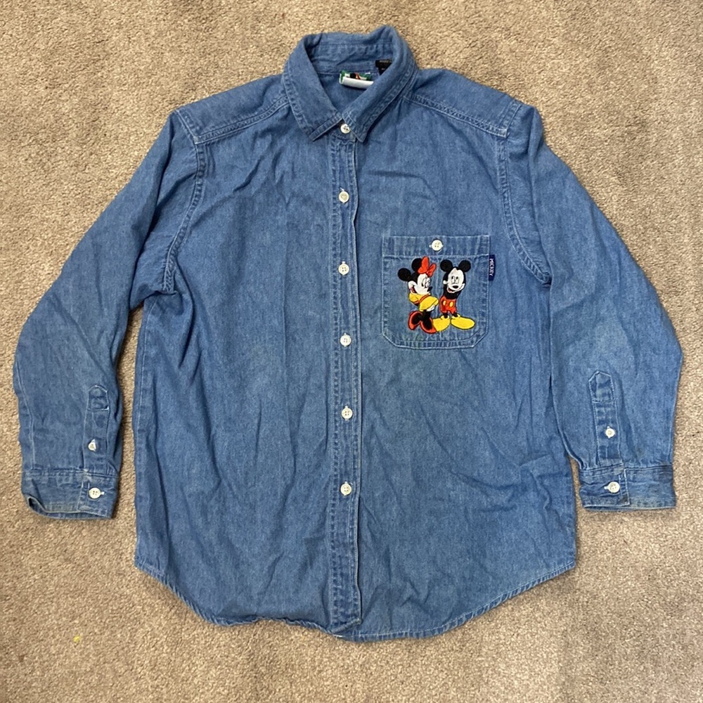 Disney Chambray Mickey & Minnie Embroidery Button Down Long Sleeve Shirt Size 12
